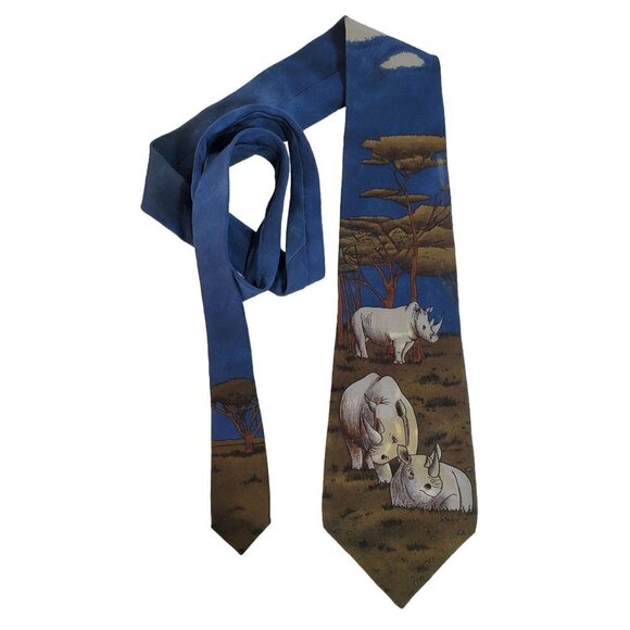 1991 Vintage WWF Silk Tie #141 Black Rhinoceros Blue Mlticolor Mens 4.5" x 60" - Picture 1 of 9